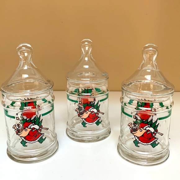 🎅🏻3 Vintage Anchor Hocking Glass Santa Candy Dishes - Picture 1 of 7